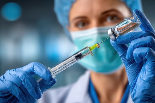 Healthcare worker filling a syringe from a medical vial for vaccination.