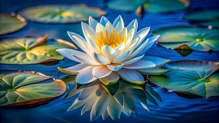 Serene white water lily bloom with yellow center reflected in deep blue water surrounded by green lily pads