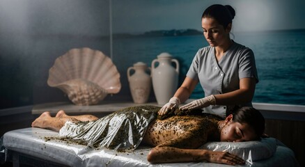 Woman receiving a seaweed body wrap treatment from a beauty therapist in a luxurious spa. Health and beauty therapy for relaxation.