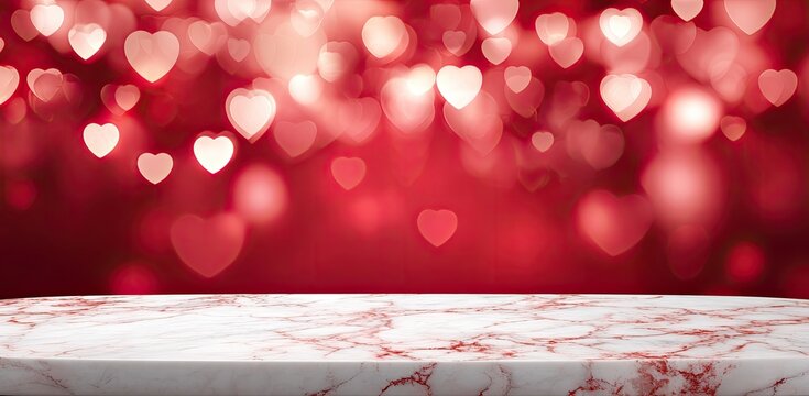 A marble tabletop with heart-shaped bokeh against a red background, perfect for displays