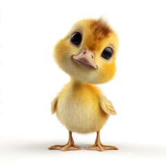 Obraz premium A fluffy cute cartoon style yellow chick with big black eyes and a tilted head on a plain white background
