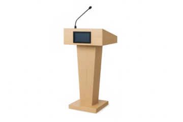 Lectern with microphone and screen, representing public speaking, conference, presentation, and event communication