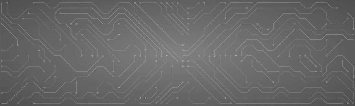 Abstract digital circuit board pattern with intersecting lines and nodes on a dark gray background representing technology and connectivity