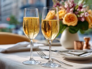Two Champagne Flutes with Bubbles and Flowers.