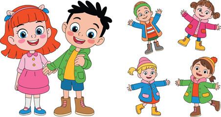 Cartoon children illustration, kids in winter clothes, colorful playful characters, educational vector drawing, joyful childhood design, lifestyle artwork for learning