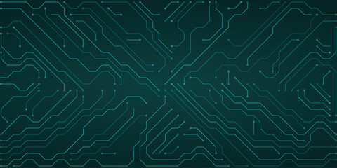 Futuristic Teal Circuit Board Pattern Background with Glowing Lines and Digital Data Flow Concept technology
