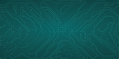 Teal circuit board pattern with intricate lines and nodes on a dark teal background, representing digital networks, technology, and data transmission