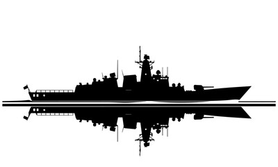 Monochrome Warship Silhouette with Water Reflection