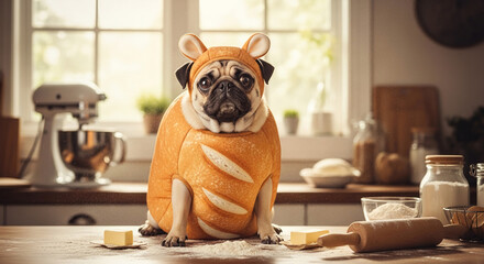 Fawn pug dressed in bread costume sits on counter in kitchen, embodying food, baking, and domestic animal, with playful, humorous undertones