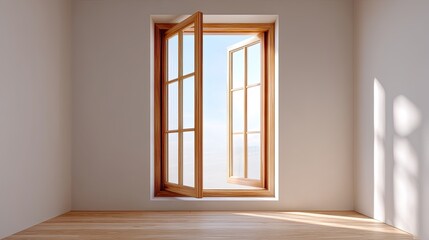 Fototapeta premium Bright and Airy Room with Open Wooden Window Overlooking Scenic View