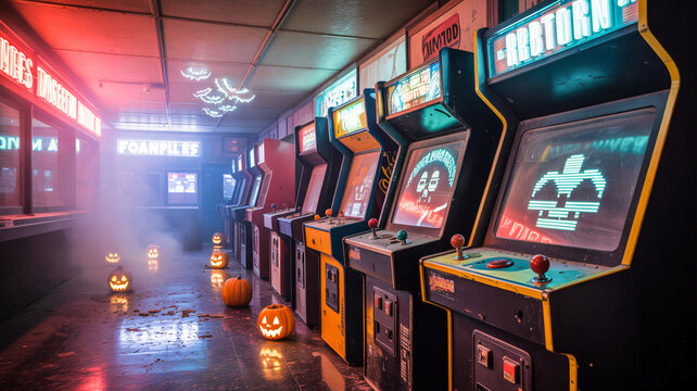 Haunted arcade with flickering neon lights, ghostly players, retro game screens glowing in the dark - Powered by Adobe