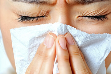 Extreme close-up of a woman with closed eyes, visibly stressed, holding a white textured tissue to her nose and mouth. Concept of severe allergy symptoms, flu, or common cold discomfort