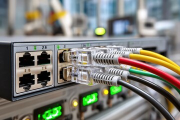 Essential network switch with multiple colorful Ethernet cables plugged in.