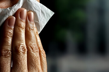 Close-up of a person's hand holding a white, textured tissue paper to their face, set against a blurred dark green and gray background. Concept of personal hygiene, gentle self-care, or allergy relief