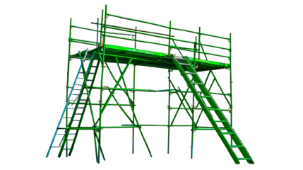 Green Metal Scaffolding Structure with Ladders, cut out transparent