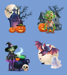 Halloween character set with pumpkin head bat ghost and cauldron in realistic cartoon style