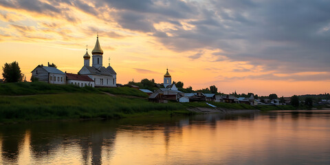 Fototapeta premium Tranquil waters reflect the warm hues of a serene sunset, painting a picturesque scene featuring a traditional church nestled on the riverbank. The landscape is breathtaking.