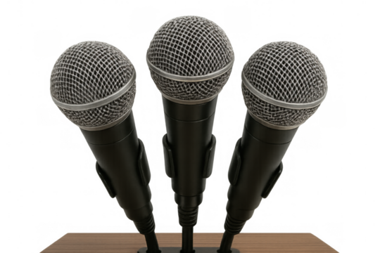 Three microphones on a wooden podium, ready for a press conference, interview, or public speaking event