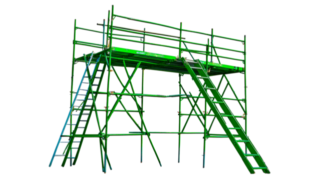 Green Metal Scaffolding Structure with Ladders, cut out transparent