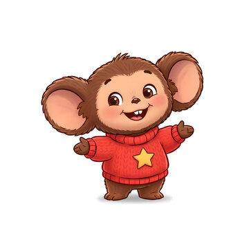 Drawing of a cheerful Cheburashka on a white background.