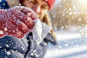 Close-up of a person in red snow-covered gloves holding a white tissue while sneezing or blowing their nose outdoors in heavy snow. Concept of winter cold, sickness, and cold weather hygiene