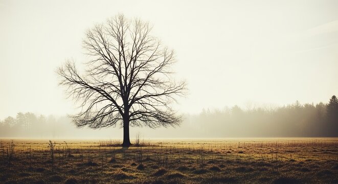 Peaceful scene of a bare tree standing tall in a vast open field under a warm morning sunlight