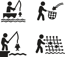 Fishing Icon set. Design elements for logo, label, emblem, sign, badge. Vector illustration. Fisherman, net, hook. Fishery concept. Can be used for topics like catch, hobby, fishing trip.