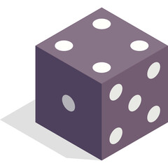 A Purple Isometric Six Sided Die With White Dots Showing the Number Five And Four on Two Sides Casting A Shadow on A White Background