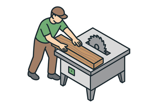 Worker using a table saw to cut wood plank in isometric style