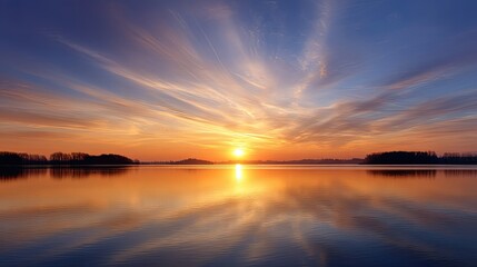 Obraz premium Serene Sunset Reflections Over Calm Waters Surrounded by Lush Green Land and Colorful Cloudy Sky
