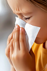 Close-up shot of a young girl with light brown hair wearing a yellow shirt, gently wiping her runny nose with a white paper tissue against a blurred light background, highlighting the fragility of chi