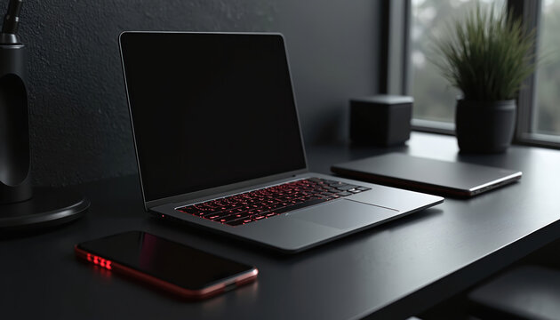 Modern dark workspace features open laptop with glowing red keyboard on black desk. Smartphone shows red lights, next to closed device. Minimalist home office scene tech gadgets, plant near window.