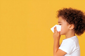 Profile shot of a cute little african american boy with curly hair blowing his nose with a white tissue on a bright yellow background with copy space, concept for childhood allergy and seasonal colds