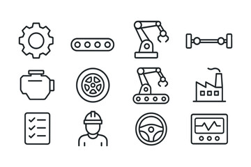 Fototapeta premium Industrial machinery icons collection: factory, automation, engineering in linear style