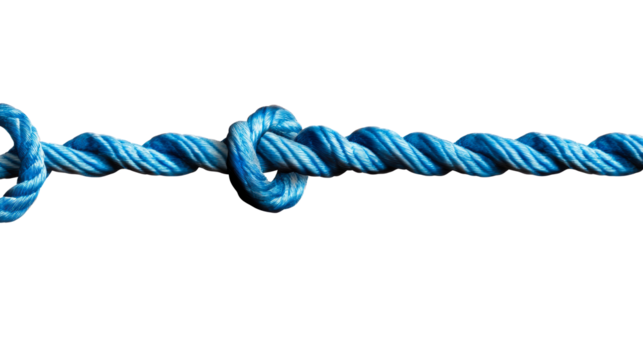 Thick blue rope tied in a knot centered composition, cut out transparent