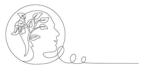 One continuous single line of human head with heart shape flower inside. Mental health concept vector illustration. Psychological therapy and treatment