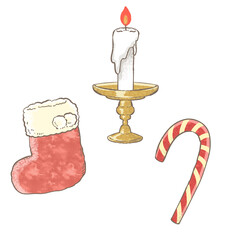 Christmas Items Set with Stocking, Candle and Candy Cane on White Background