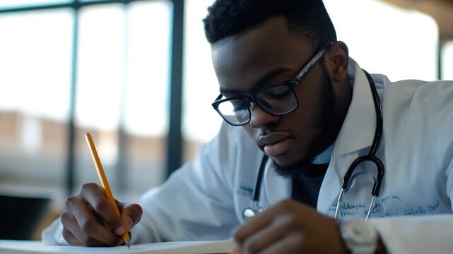 A scientist writing notes on a piece of paper, possibly researching or documenting an experiment