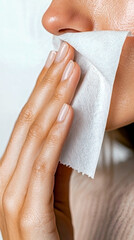 Close-up of a woman with natural manicure gently wiping her nose with a white textured tissue on a bright uniform background, emphasizing self-care and feminine hygiene