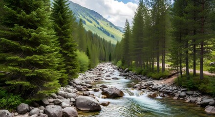Serene Mountain Stream Flowing Through Lush Evergreen Forest Landscape
