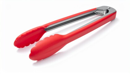 Red kitchen tongs with metal gripping ends serrated edge locking hinge and hanging loop for editorial culinary photography modern utensil design and functional kitchenware-themed visuals