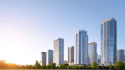 Obraz premium Modern Urban Skyline with Skyscrapers and Clear Blue Sky at Sunrise in a Thriving City Environment