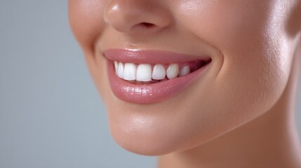 Obraz premium Close-up of a radiant smile showcasing perfect teeth and glossy lips with soft lighting for dental or beauty use