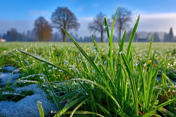 Naklejka premium Vibrant green grass with glistening dew drops and frost on a crisp winter morning field