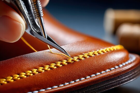 Close-up of an artisan hand-stitching luxurious brown leather with yellow thread. - Powered by Adobe