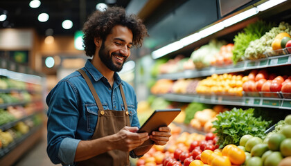 Grocery store employee using tablet looks at vegetable shelf. Man checks inventory, order status in supermarket aisle with produce. Store owner smiles using device app for retail business.