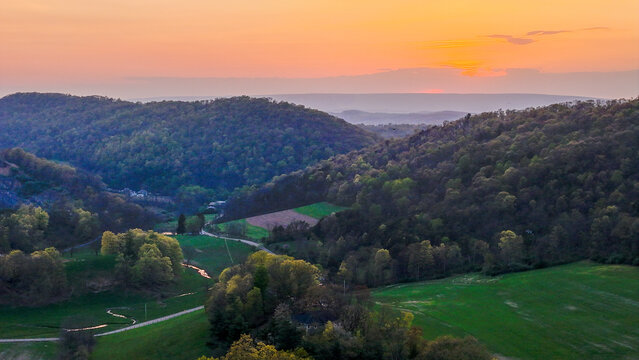 Aerial landscape of corn fields farmland mountains sunset rural Appalachia Central Pennsylvania