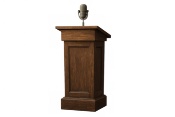 Wooden lectern with vintage microphone, representing public speaking, presentation, and communication on transparent background