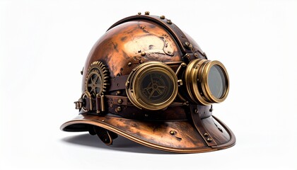 Steampunk-style helmet with bronze finish brass goggles and gear embellishments for editorial costume photography themed fashion and retro-futuristic design visuals