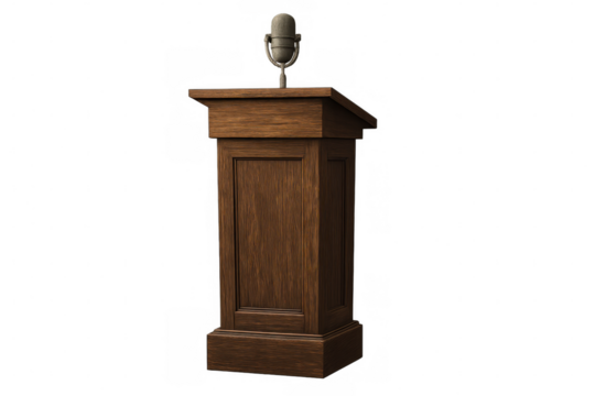 Wooden lectern with vintage microphone, representing public speaking, presentation, and communication on transparent background